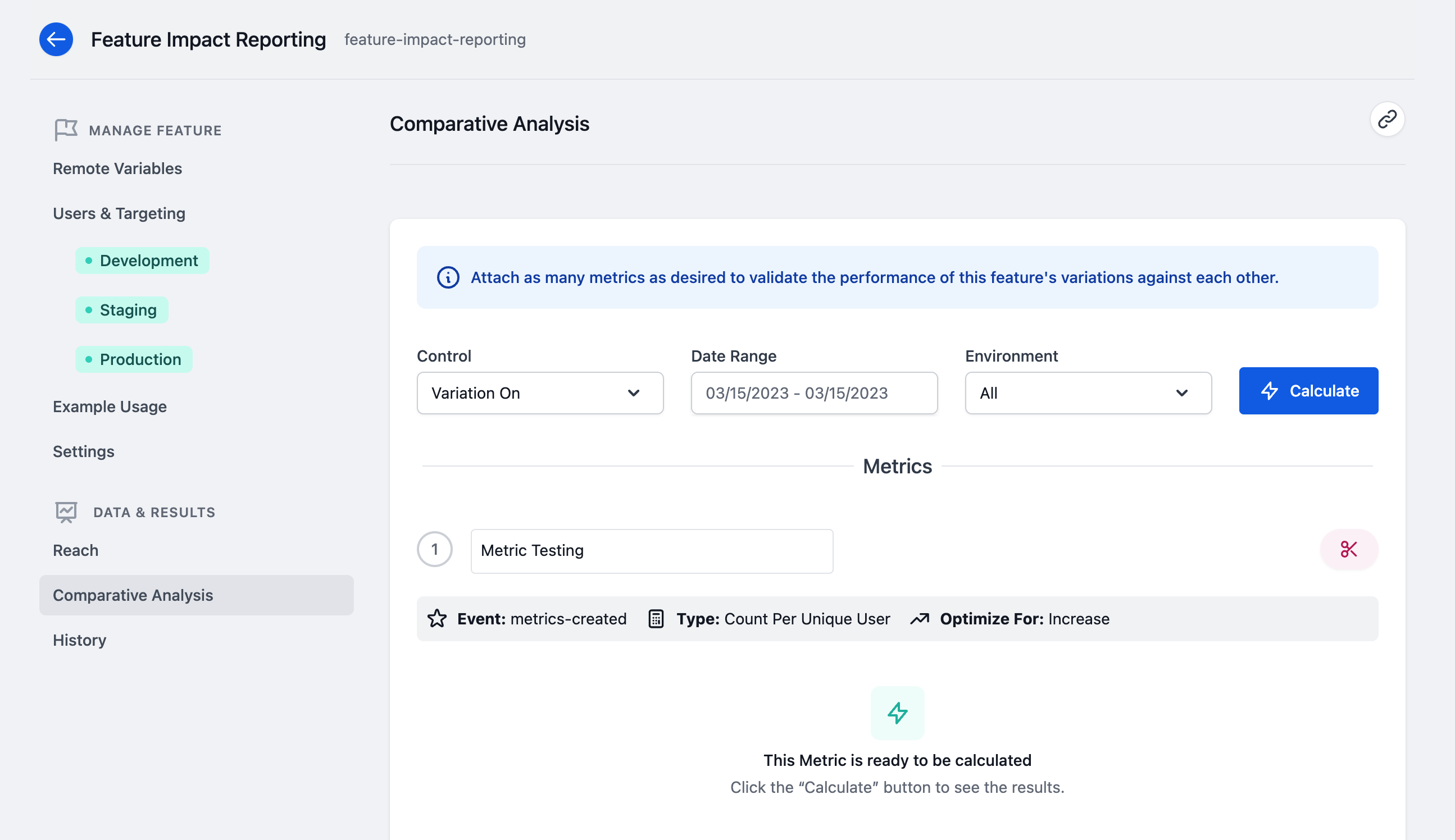 &quot;Metric Testing&quot; metric selected from the metrics dropdown